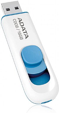 ADATA C008 16GB USB 2.0 Retractable Capless Flash Drive, White/Blue (AC008-16G-RWE)